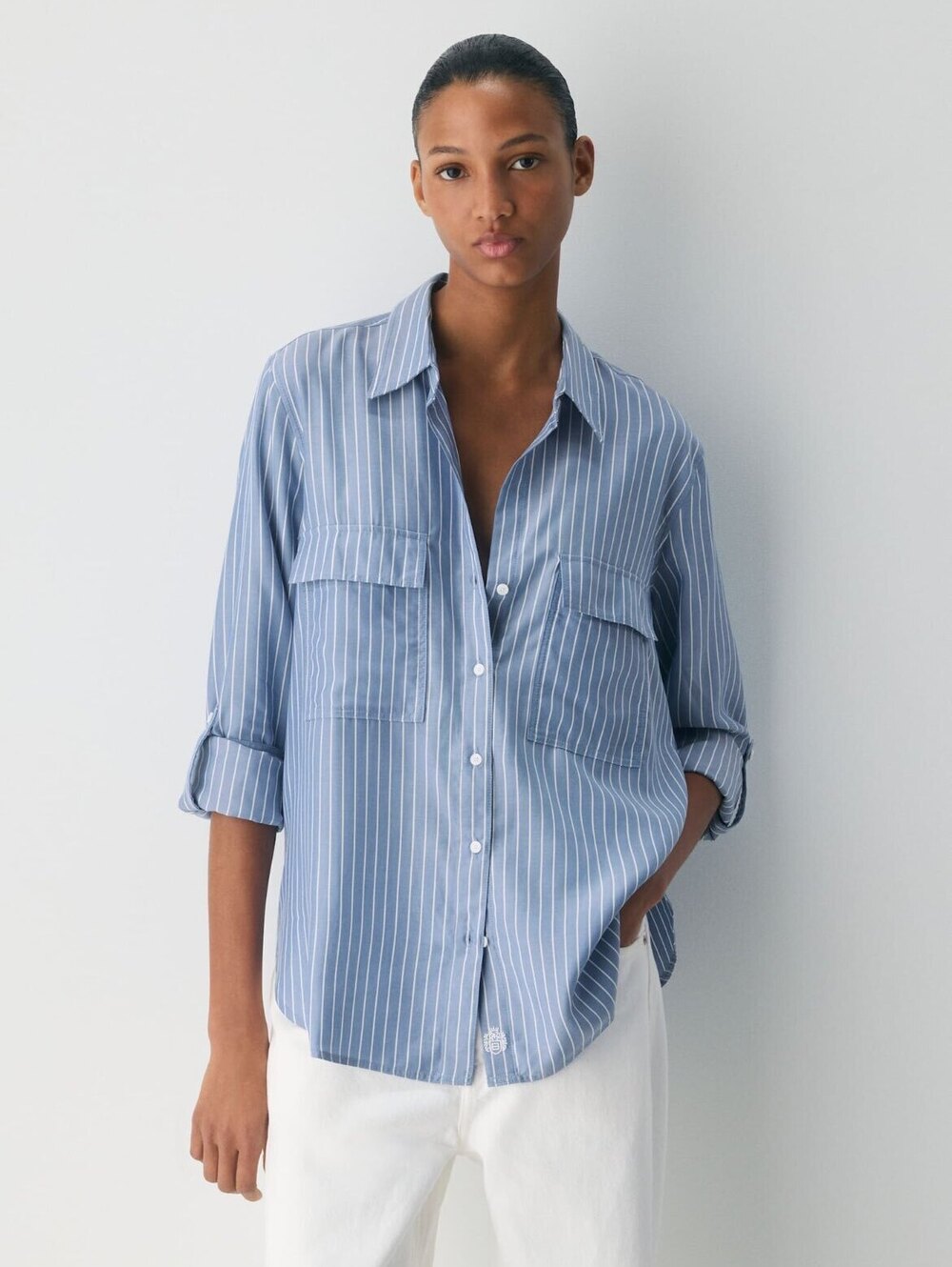 Babaton Blue Striped Button-Up Shirt Medium Casual